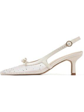 Women's Beige Mesh Slingback Kitten Heels Bow Ankle Strap Pointed Toe Shoes